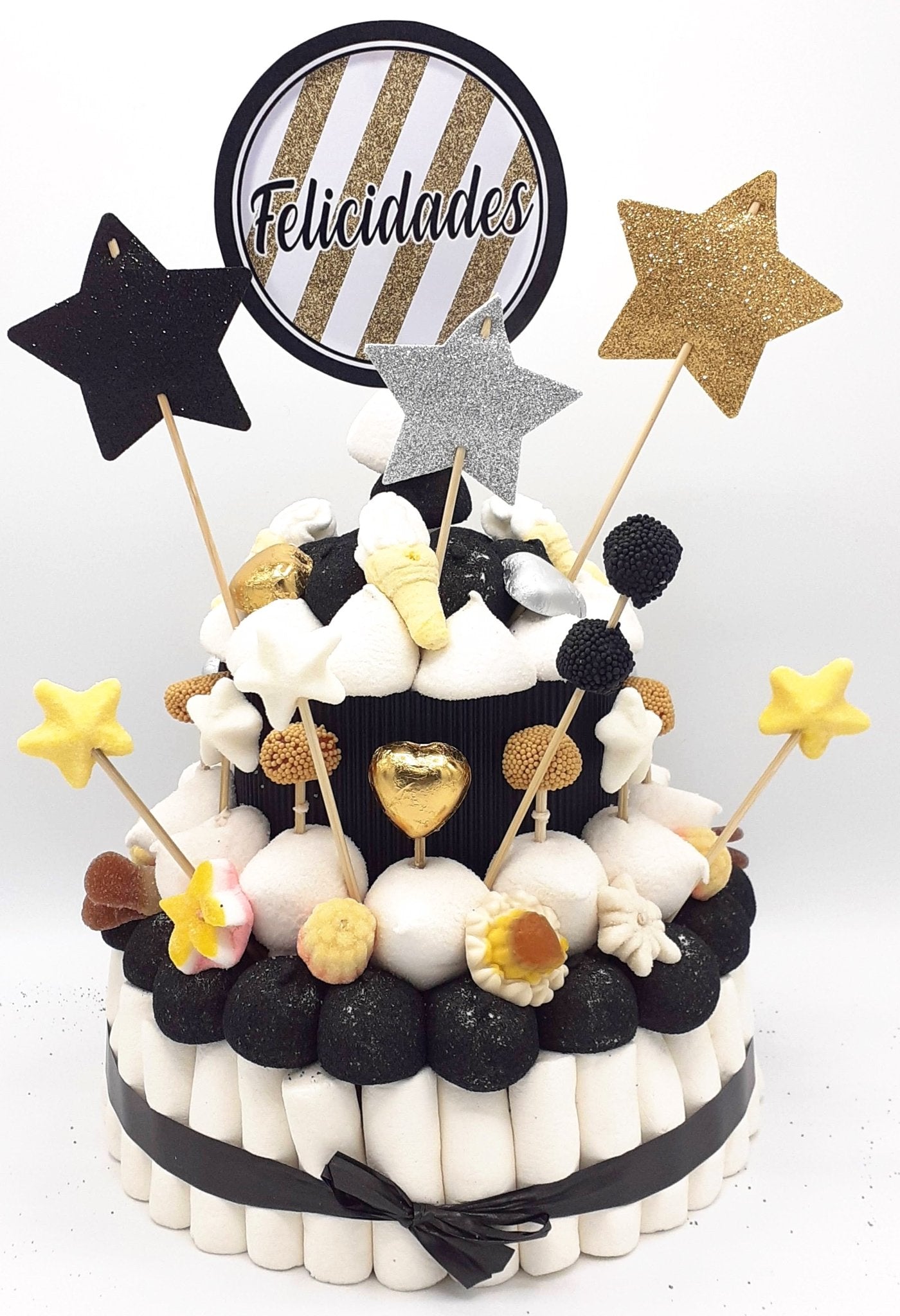 Tarta de chuches Oro, negro y plata - Mis Globos