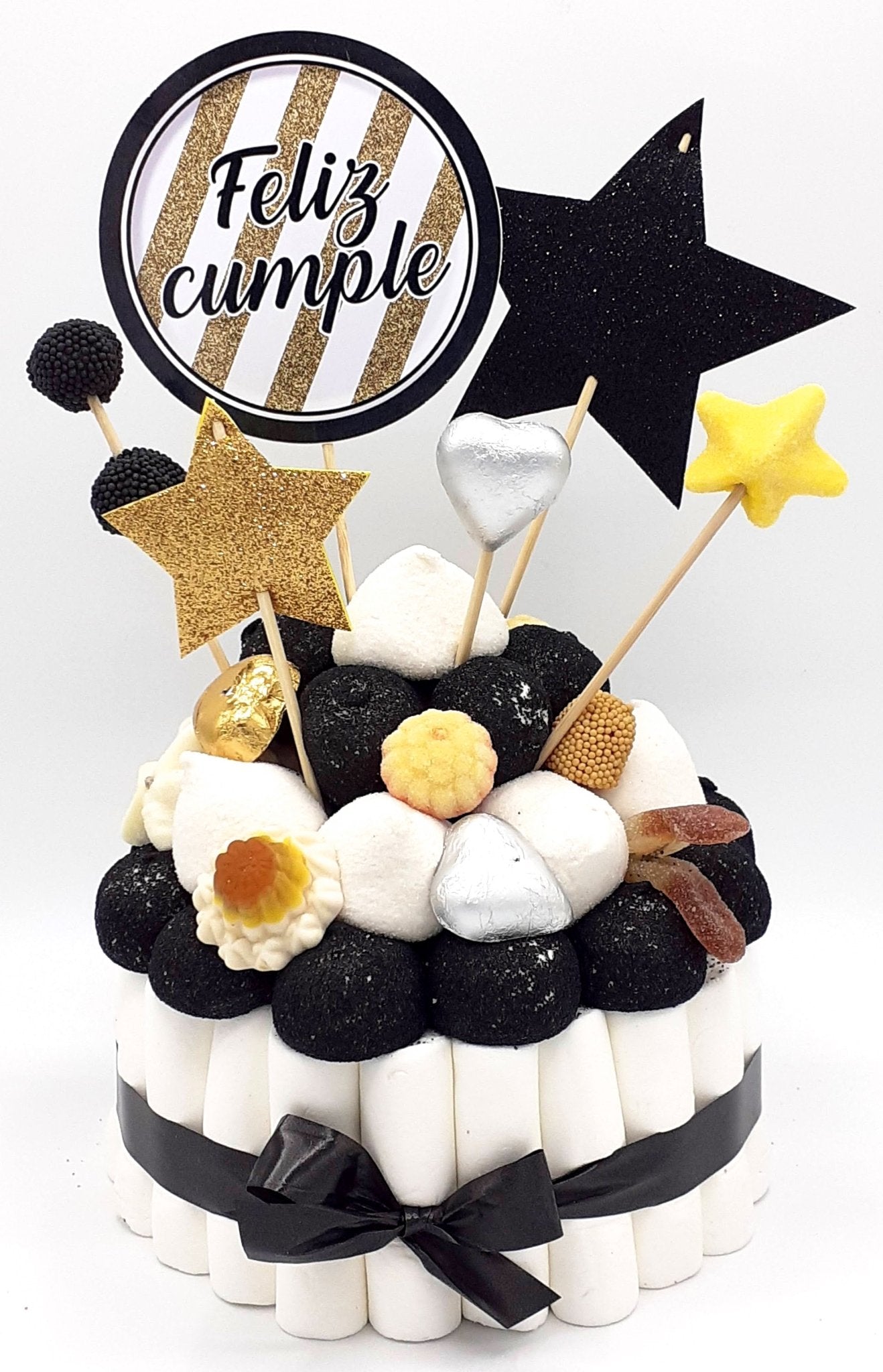 Tarta de chuches Oro, negro y plata - Mis Globos