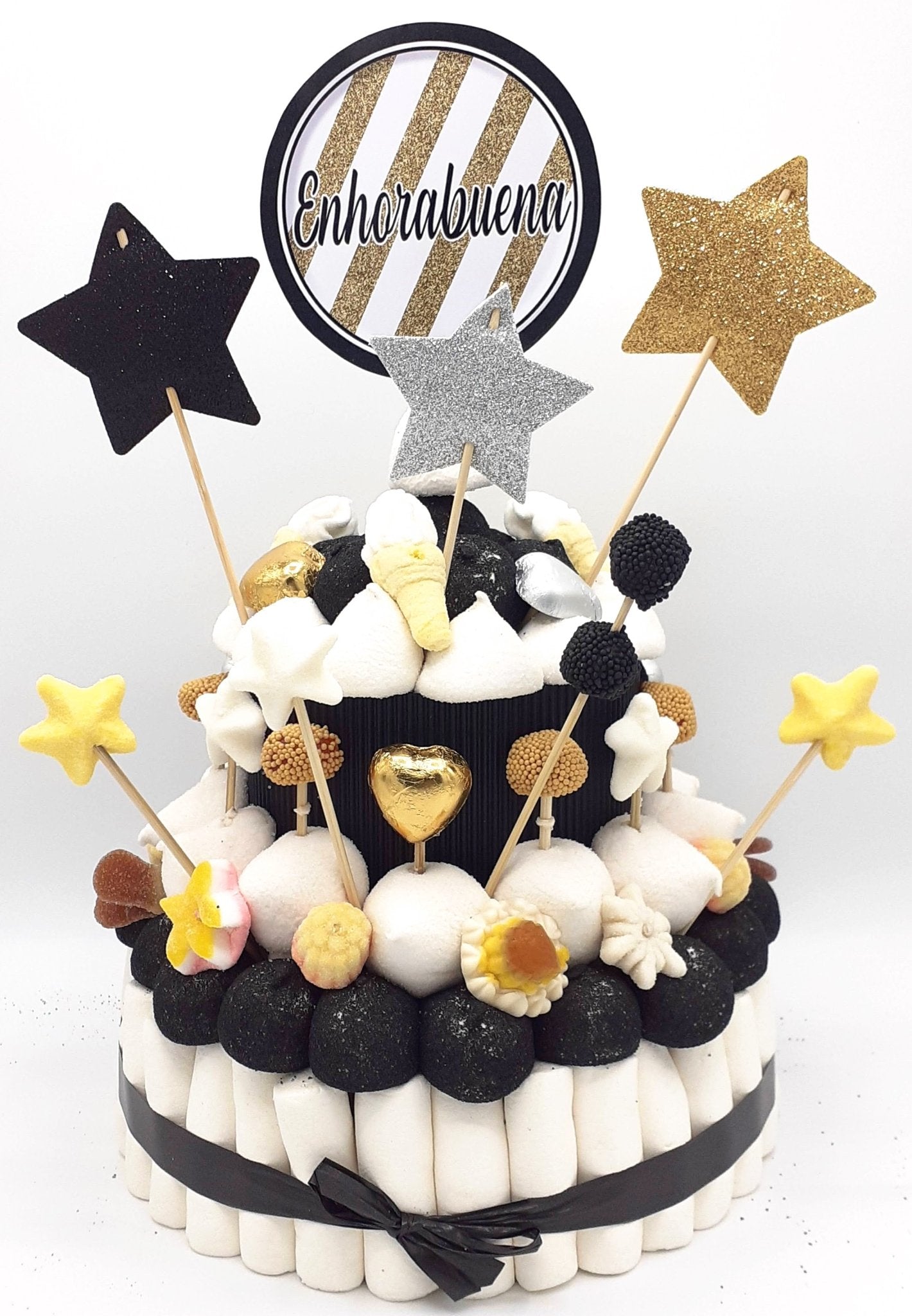 Tarta de chuches Oro, negro y plata - Mis Globos