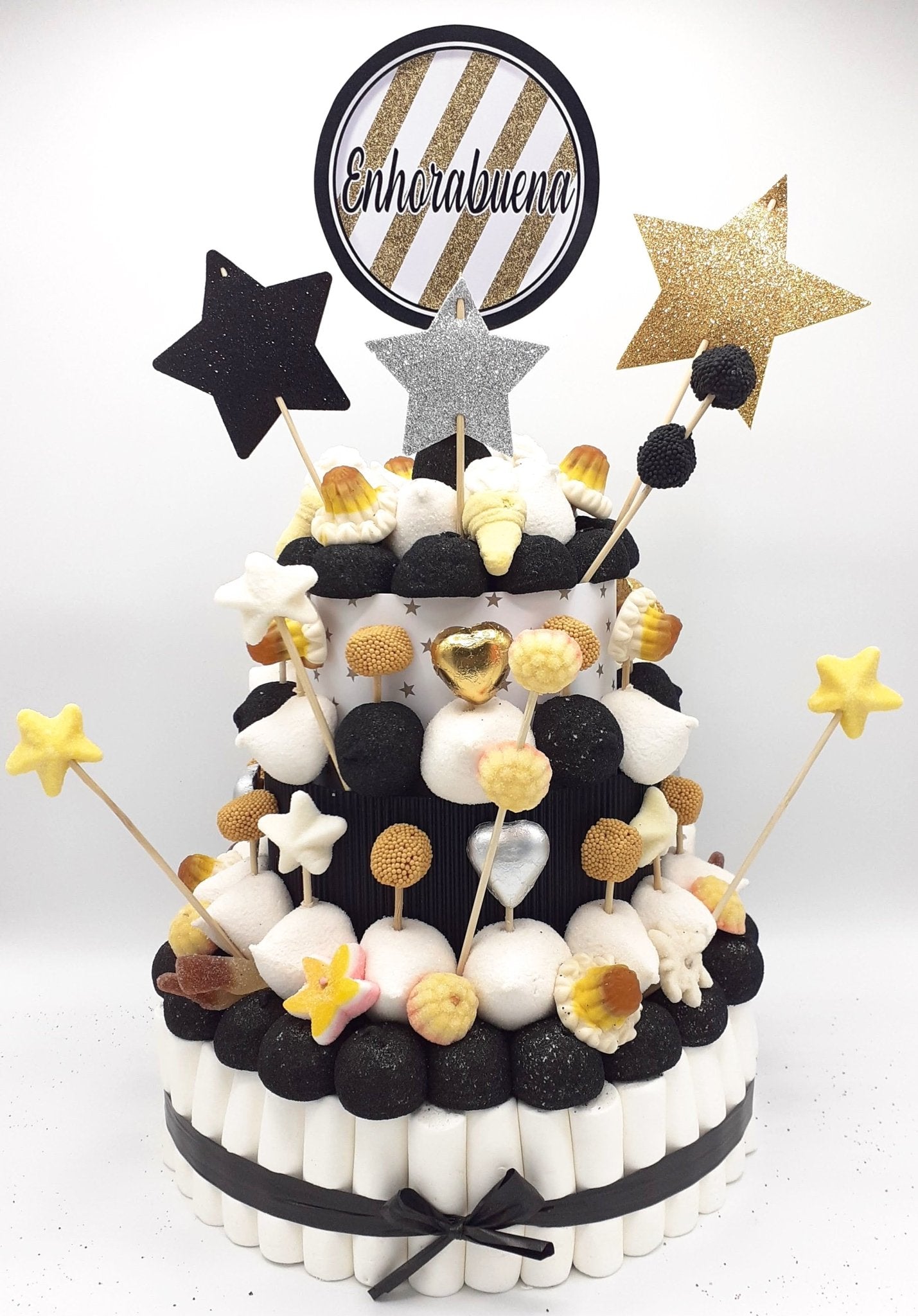 Tarta de chuches Oro, negro y plata - Mis Globos