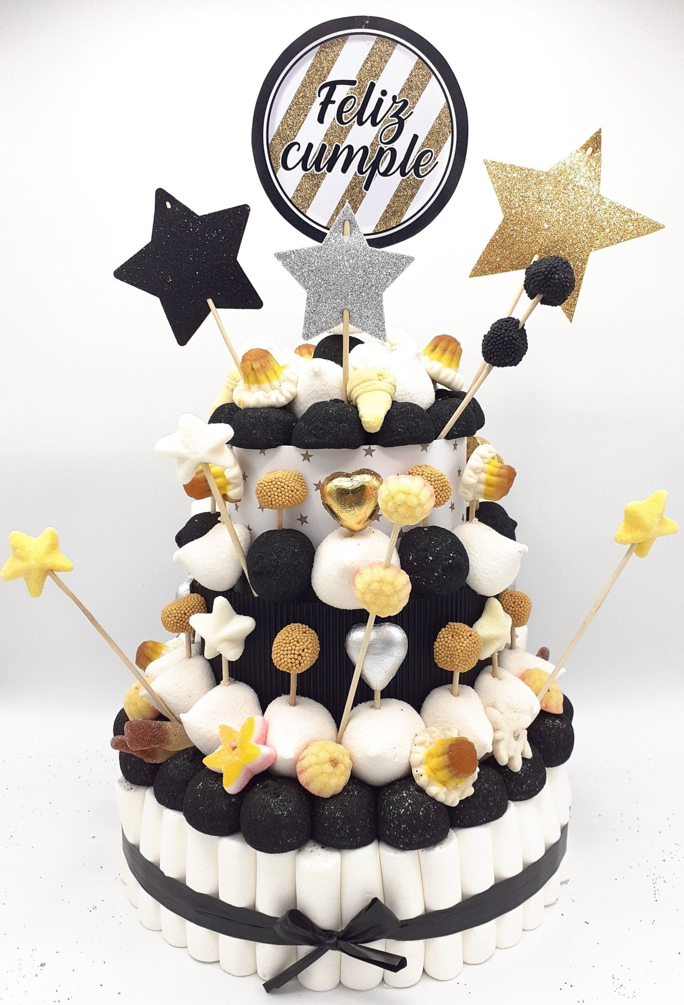 Tarta de chuches Oro, negro y plata - Mis Globos