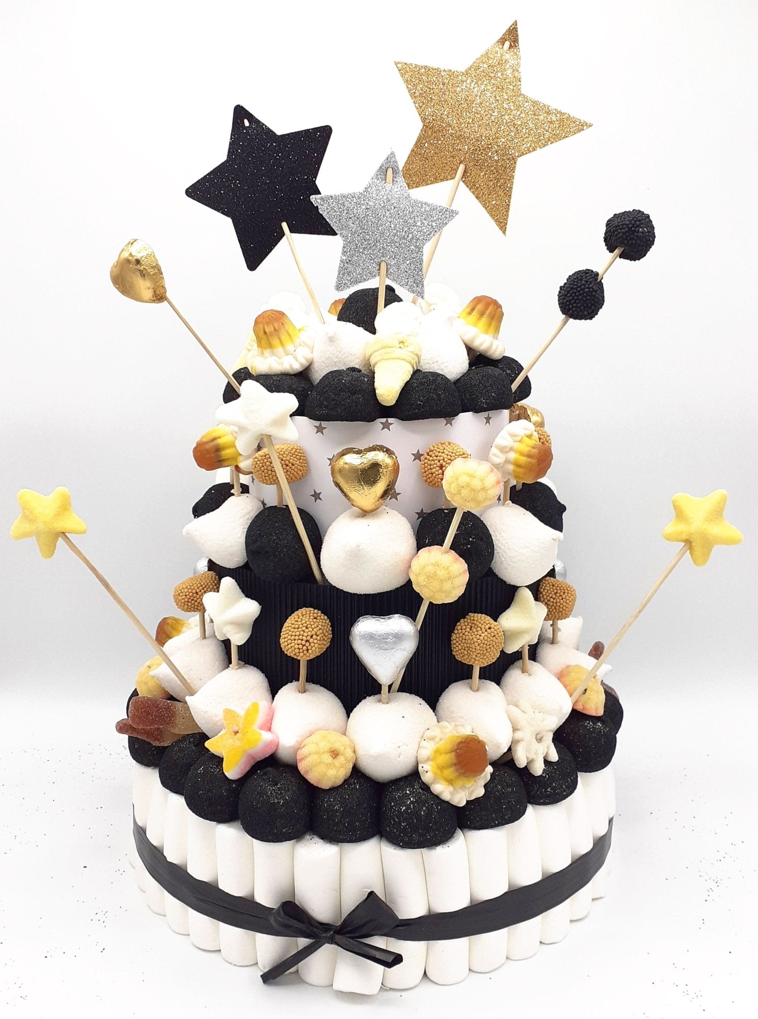 Tarta de chuches Oro, negro y plata - Mis Globos