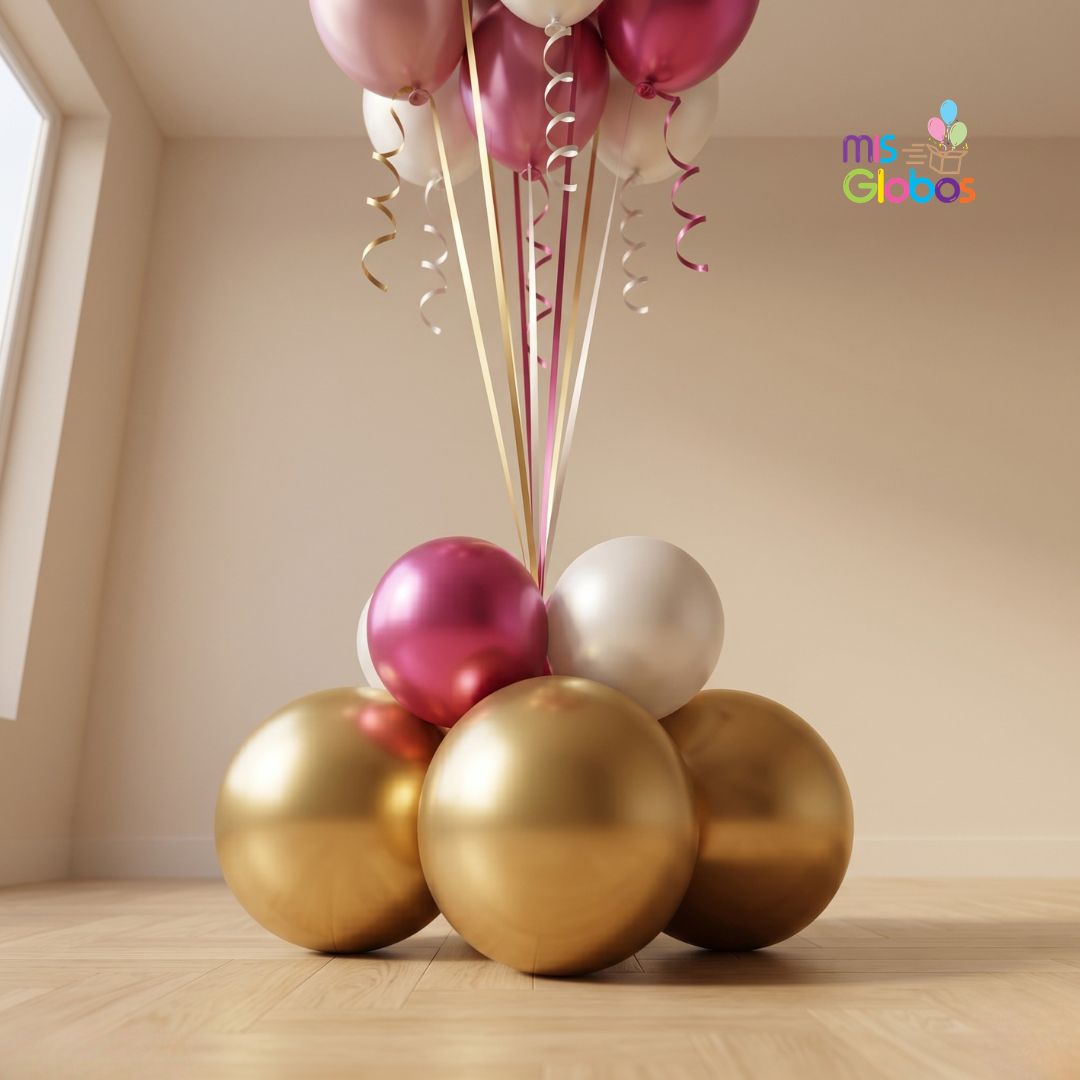 Base decorada con globos a juego con los colores elegidos - Mis Globos