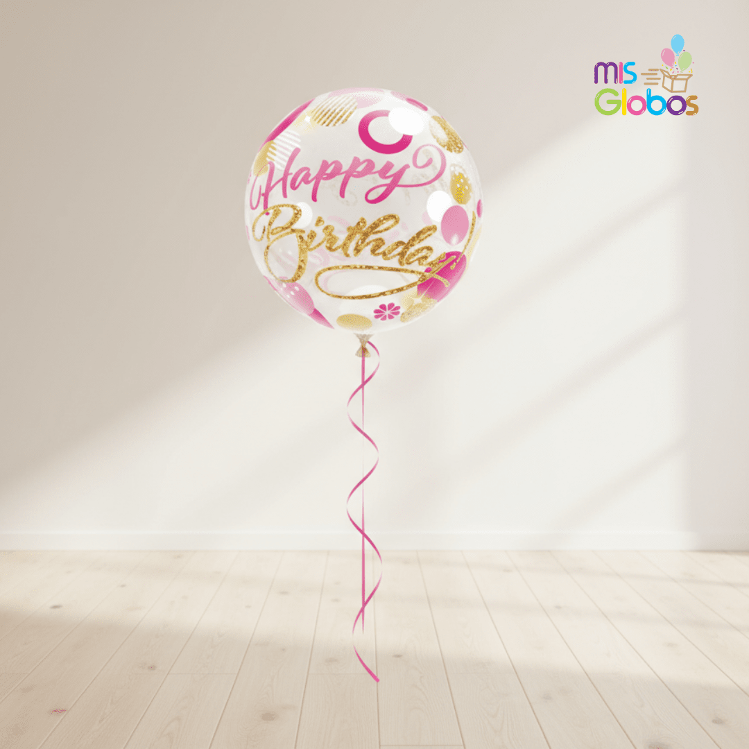 Burbuja Happy Birthday Rosa y Dorado