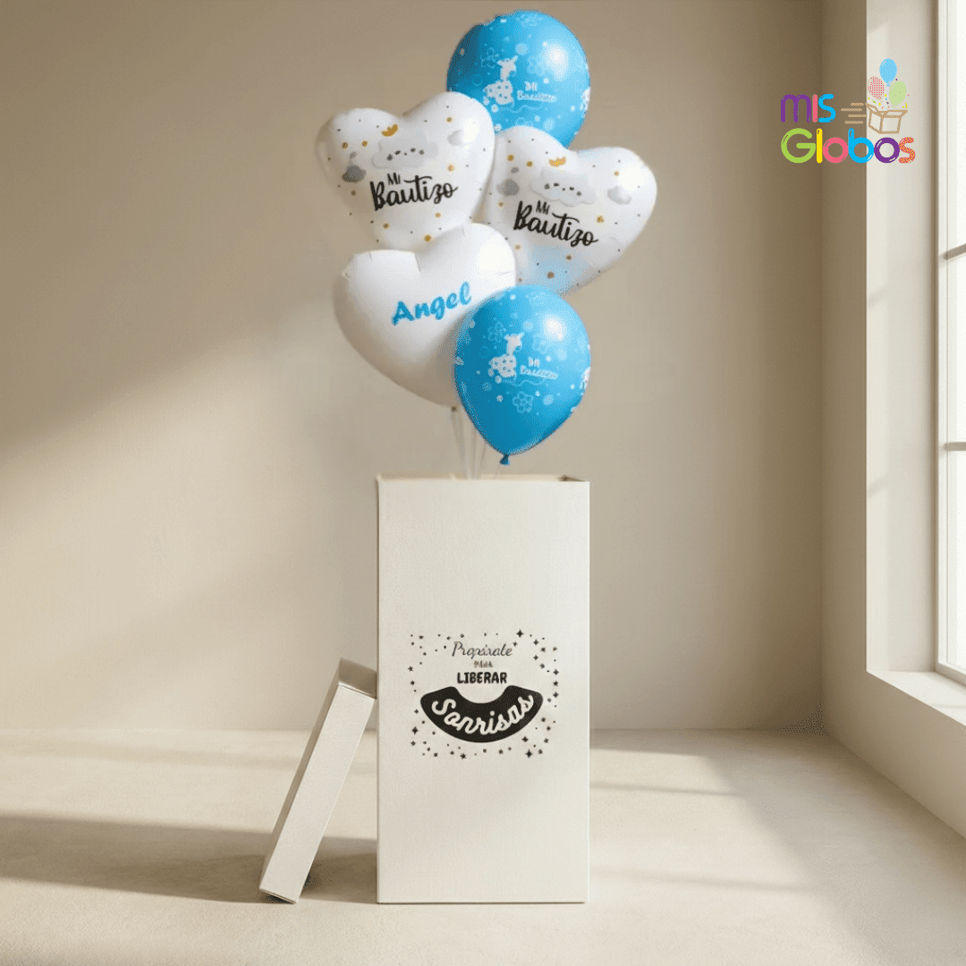 Caja GloBOOM Bautizo azul corazón - Mis Globos