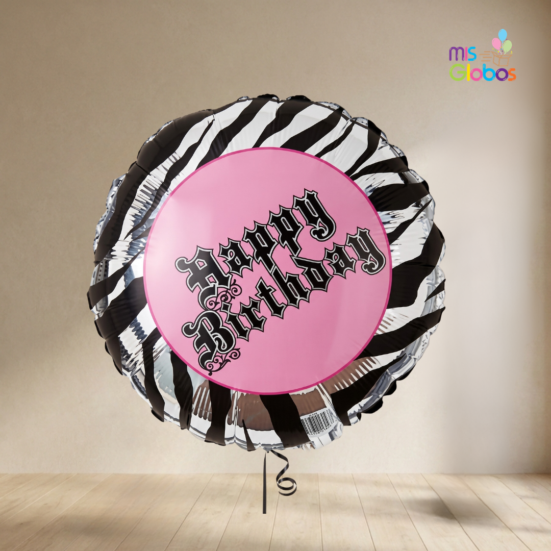 Globo mylar Happy Birthday Cebra blanco
