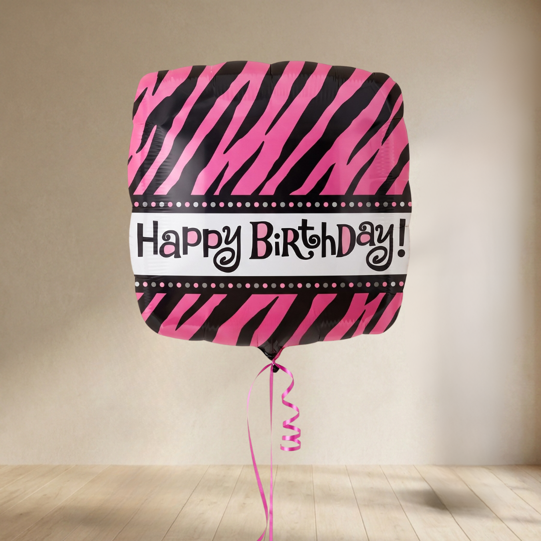 Globo mylar Happy Birthday Cebra rosa