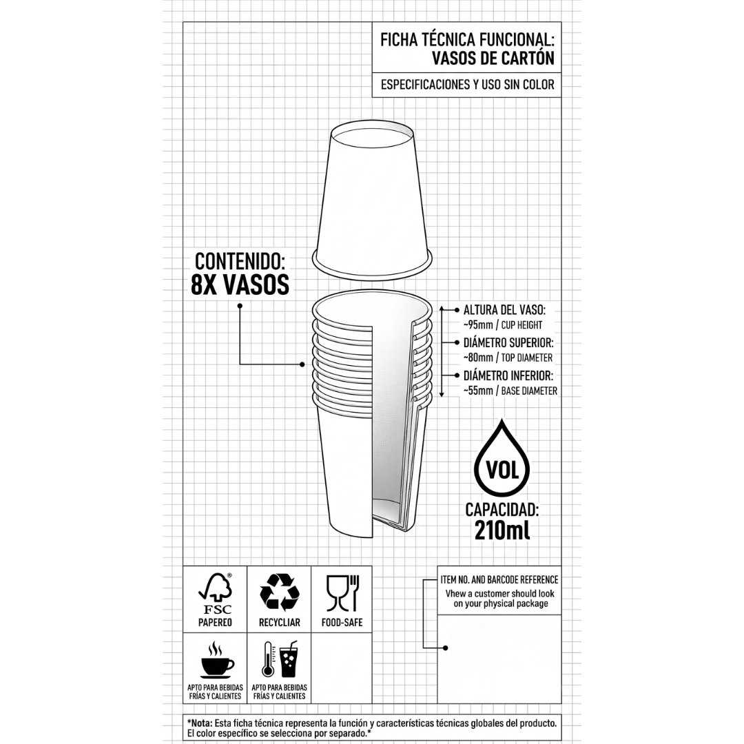 Vasos de cartón amarillo 210 ml | 8 unidades