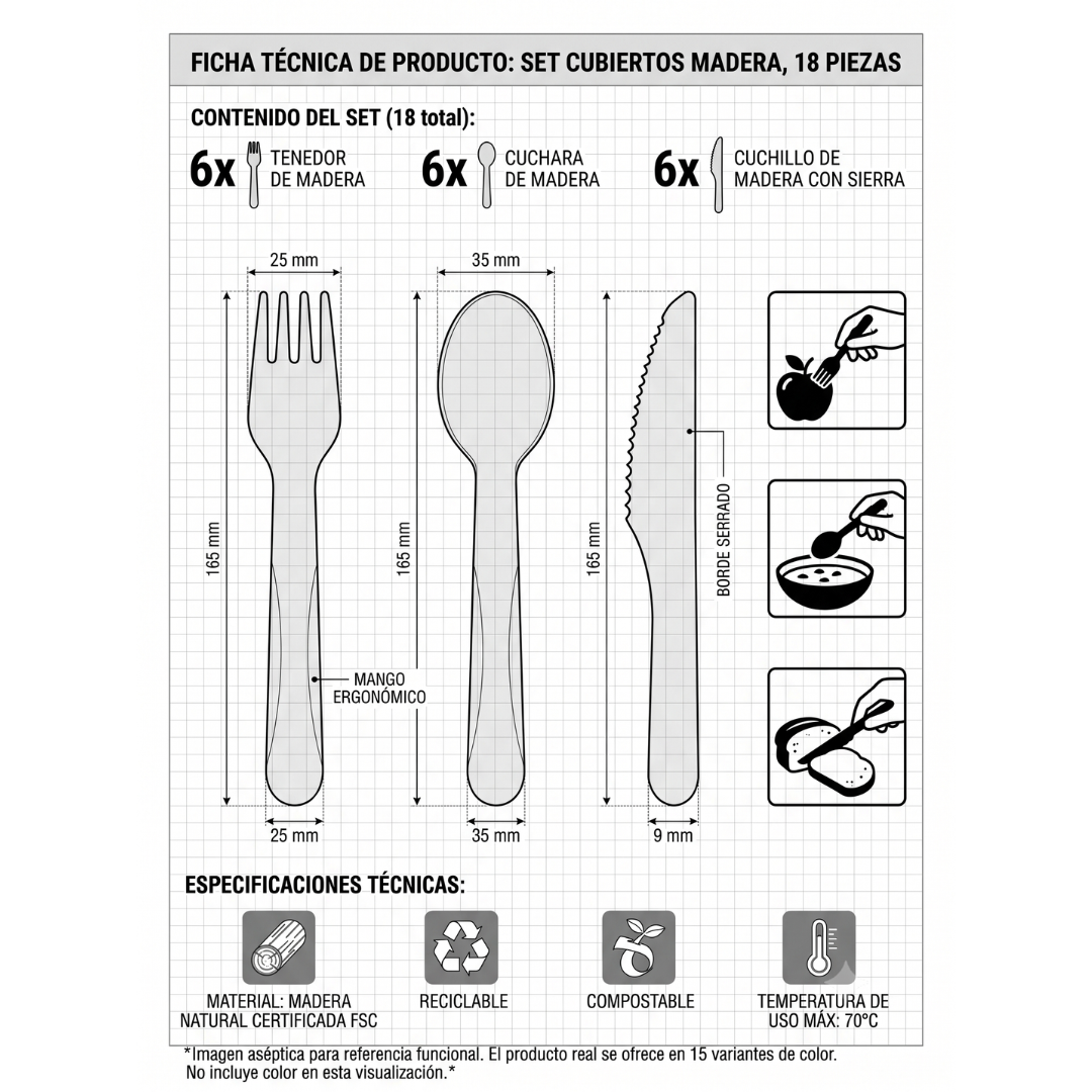 Set de cubiertos de madera champagne| 18 piezas