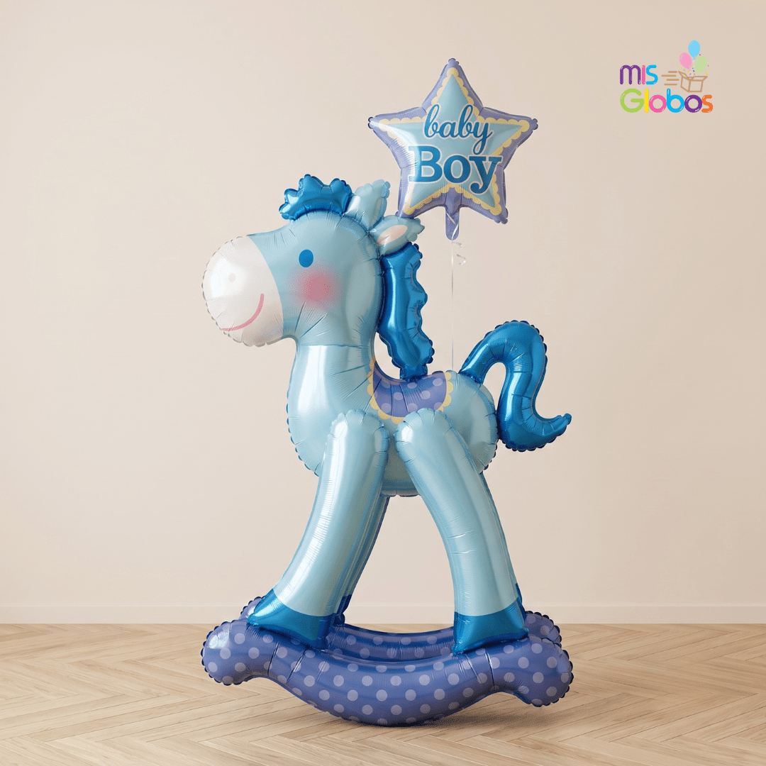 Globo Caballito Balancín Gigante para Nacimiento y Baby Shower Azul