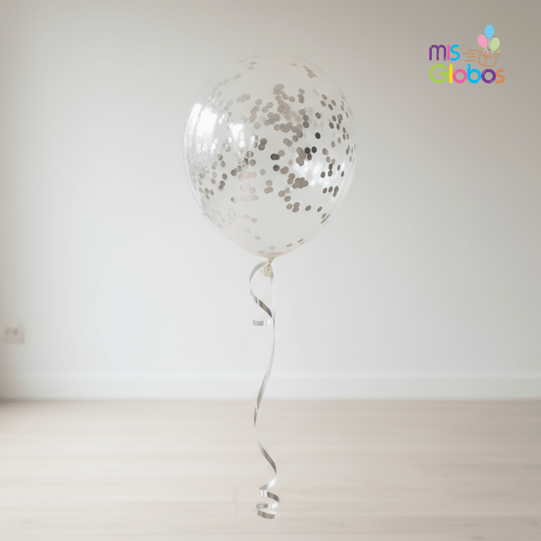 Globo Latex con confetti plata hinchado con Helio por unidades. - Mis Globos