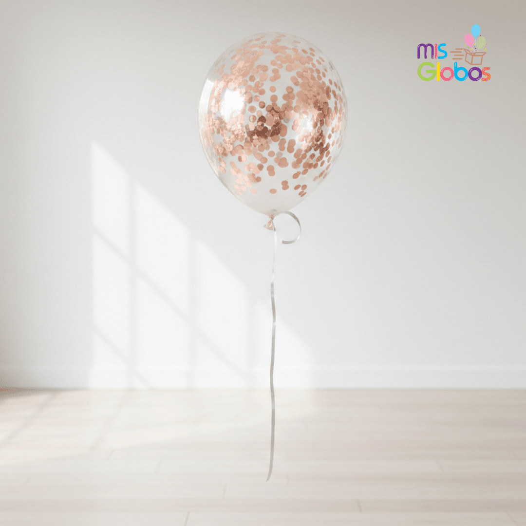 Globo Latex con confetti rosegold hinchado con Helio por unidades - Mis Globos