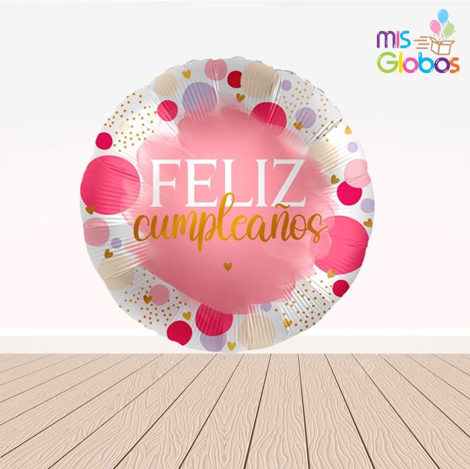 Globo Mylar Feliz Cumpleaños topos rosas de 45 cm. - Mis Globos