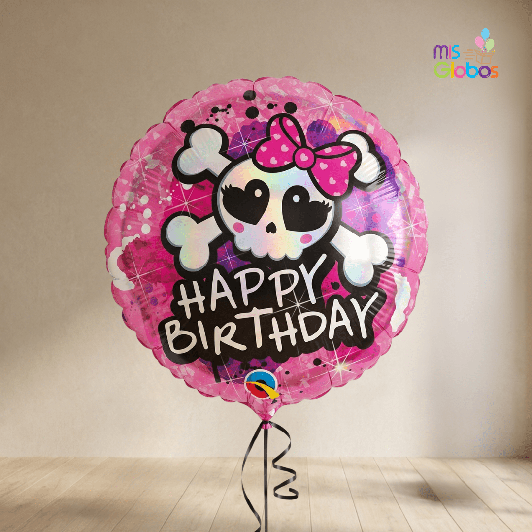 Globo mylar Happy Birthday Calavera Rosa