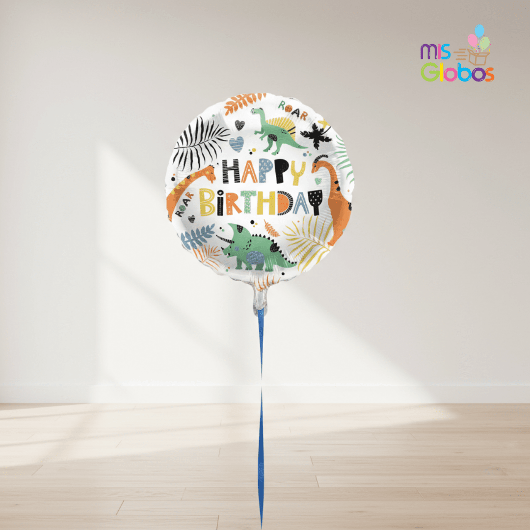 Globo Mylar Happy Birthday Dino de 45 cm.