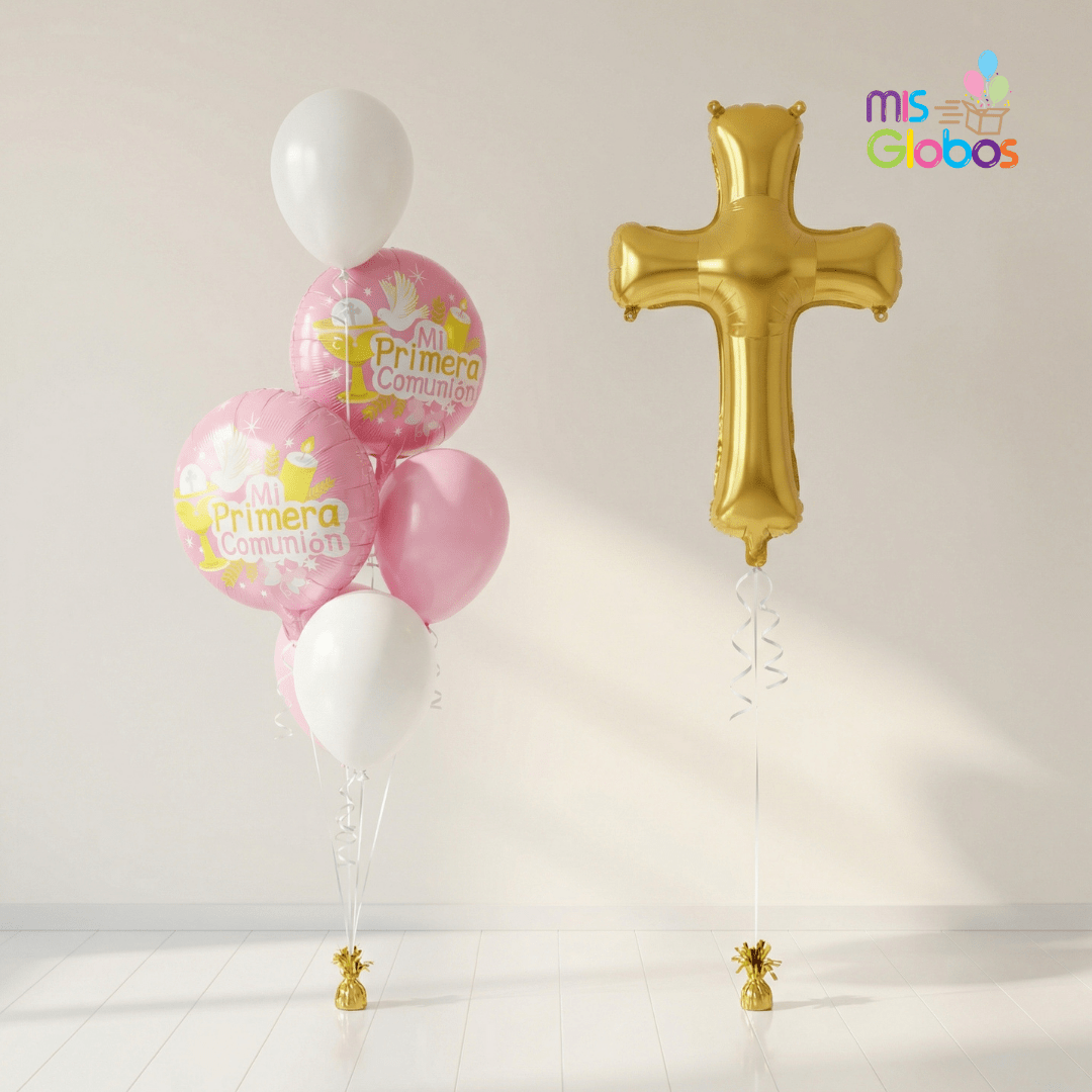 Pack Comunión Animado Cruz clásico rosa - Mis Globos