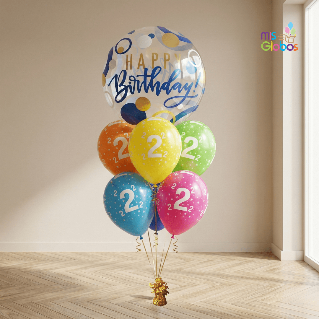 Ramo de globos Sigma Happy Birthday Burbuja Azul y oro - Mis Globos