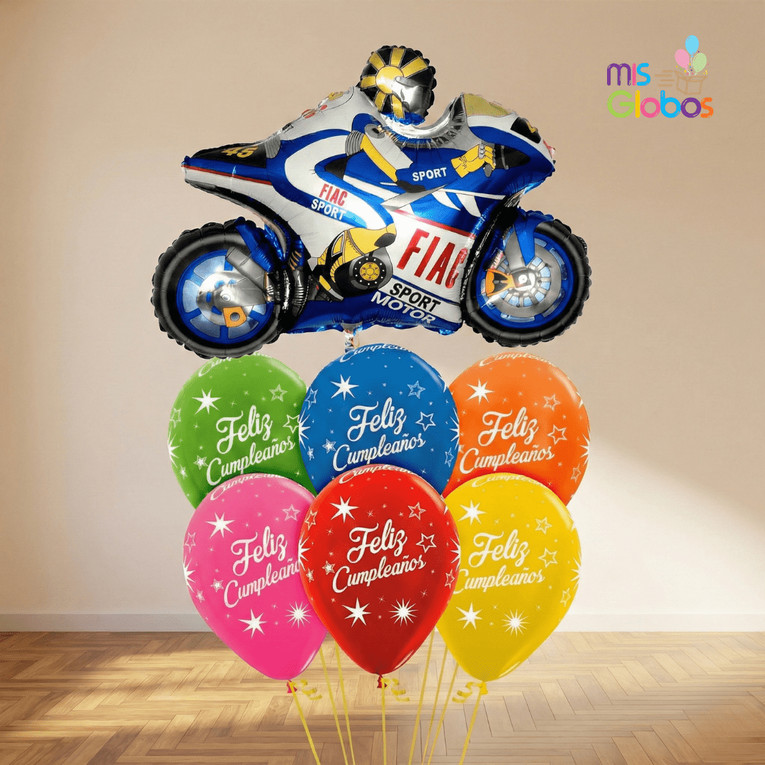 Ramo de globos Sigma Moto de carreras azul - Mis Globos