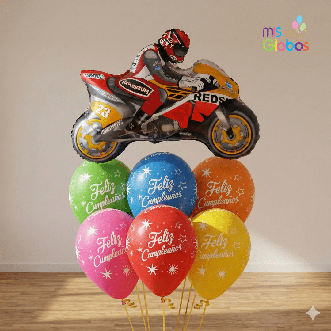 Ramo de globos Sigma Moto de carreras naranja - Mis Globos