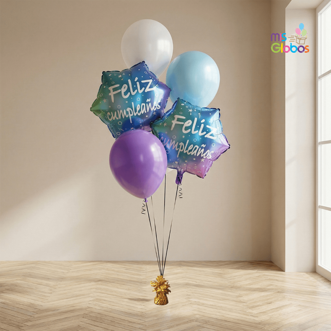 Ramo en escalera Feliz Cumpleaños tonos lila - Mis Globos