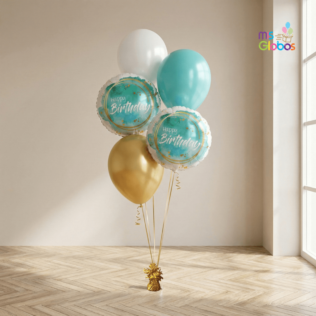 Ramo en escalera Happy birthday tonos turquesa - Mis Globos