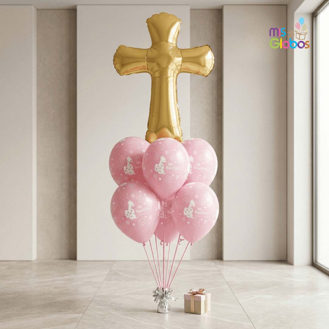 Ramo Sigma Cruz Bautizo rosa - Mis Globos