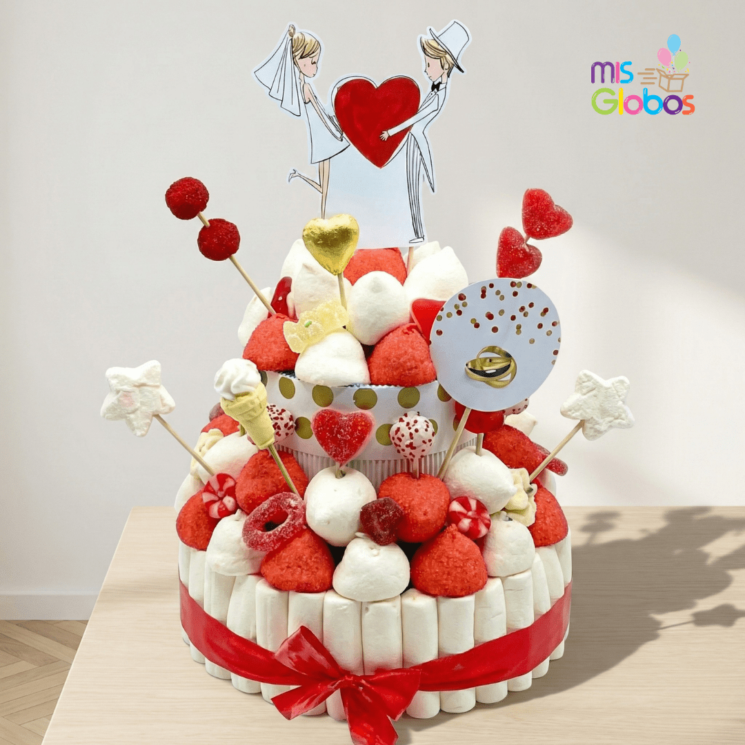 Tarta de chuches Boda blanca oro y rojo - Mis Globos