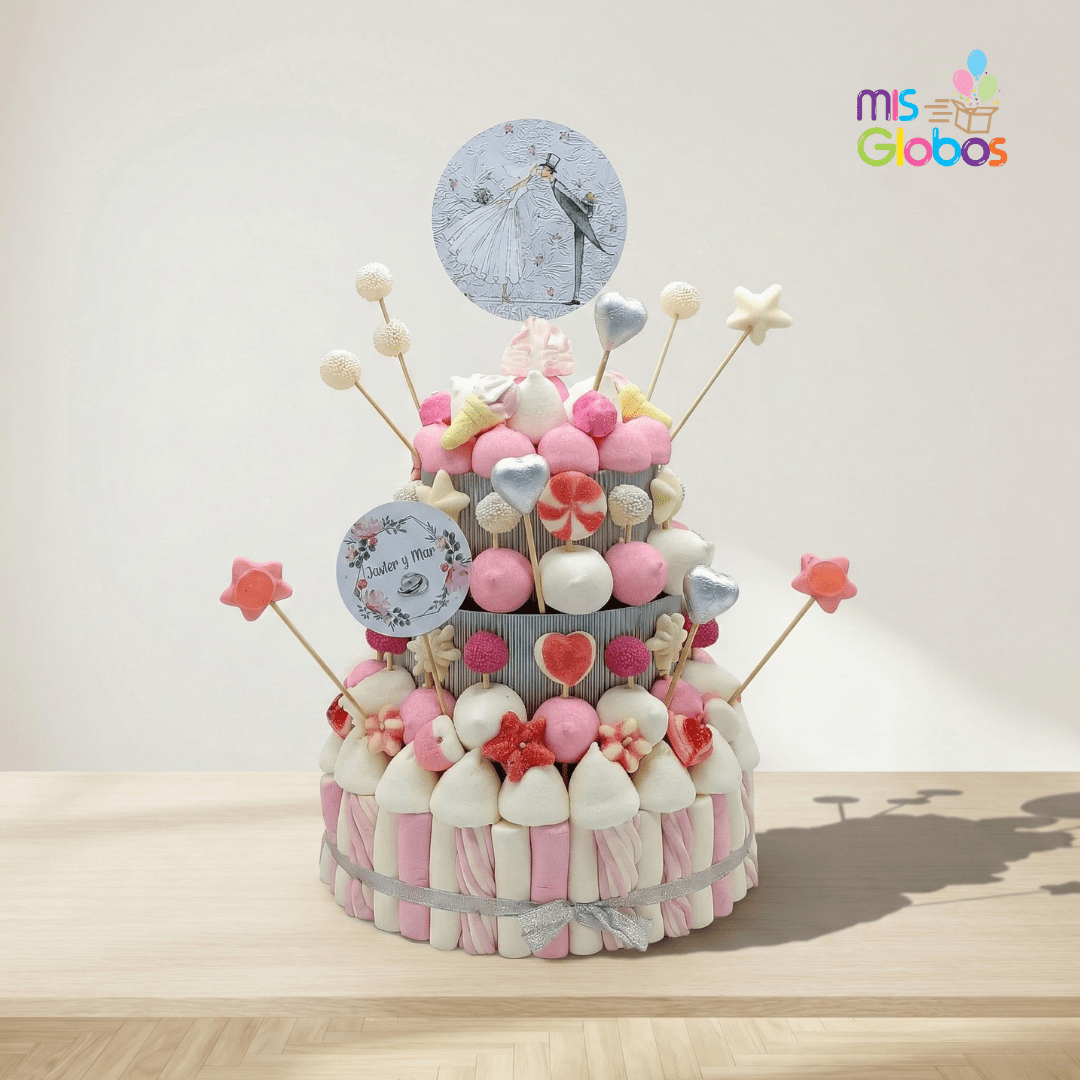 Tarta de chuches Boda rosa, blanco y plata - Mis Globos