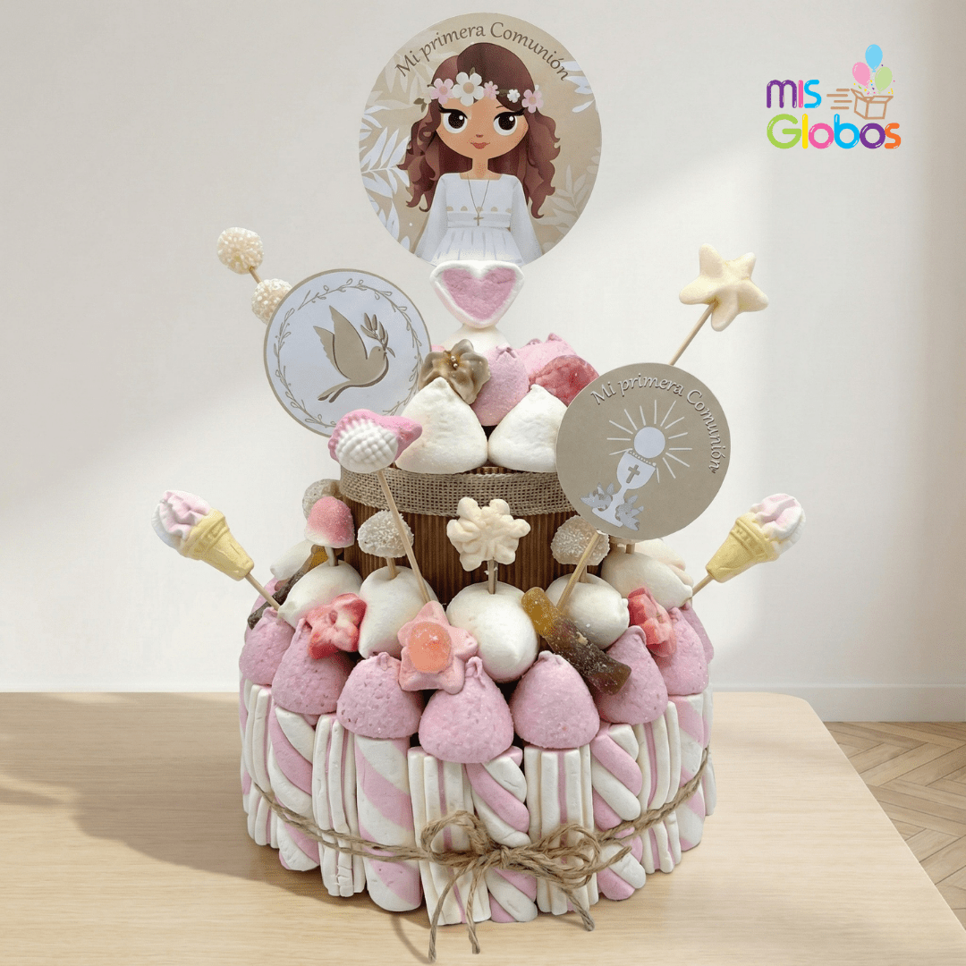 Tarta de chuches Comunión Chica Rústica - Mis Globos
