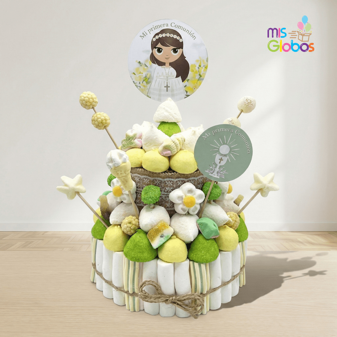 Tarta de chuches Comunión Chica Rústica tonos verdes - Mis Globos