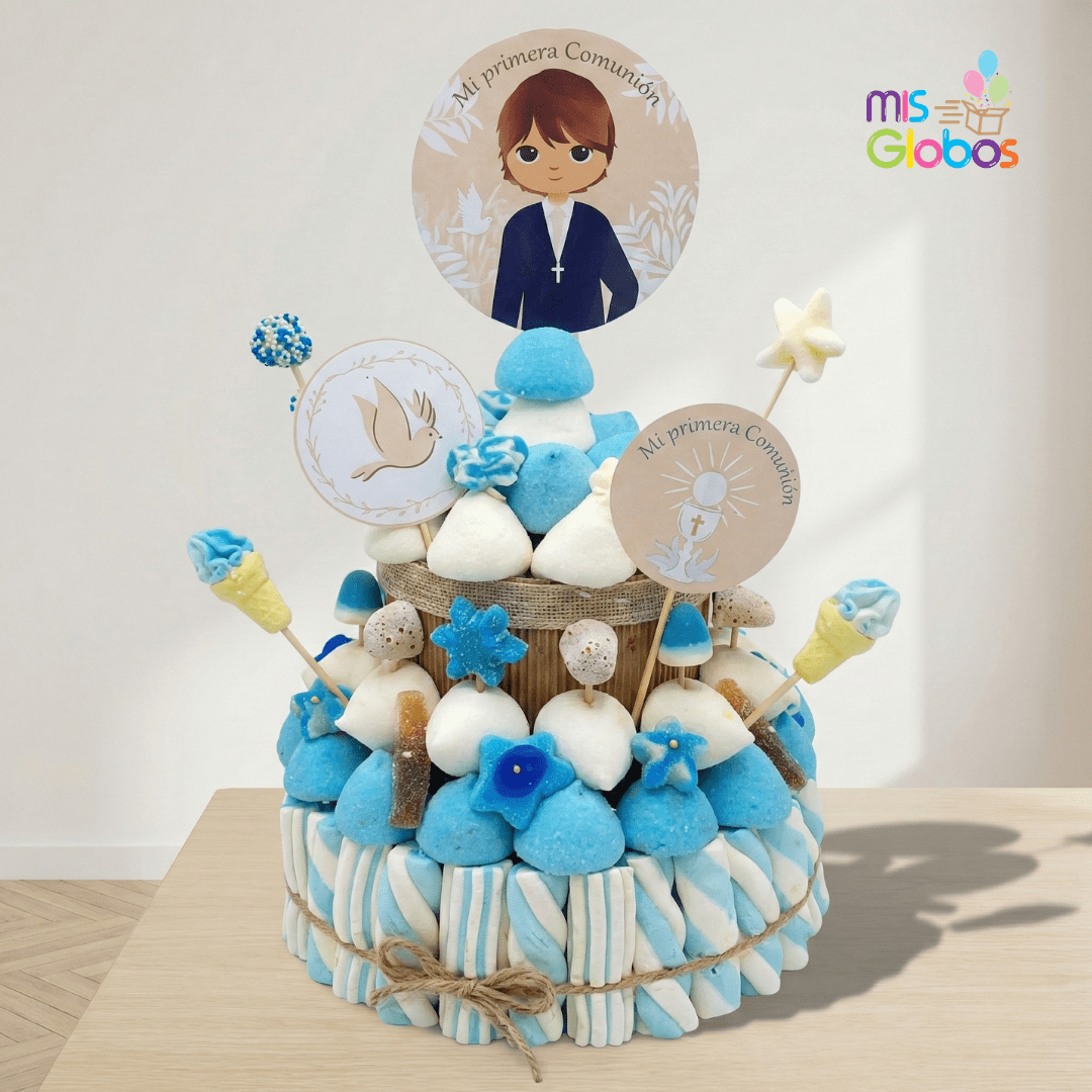 Tarta de chuches Comunión Niño Rústica - Mis Globos