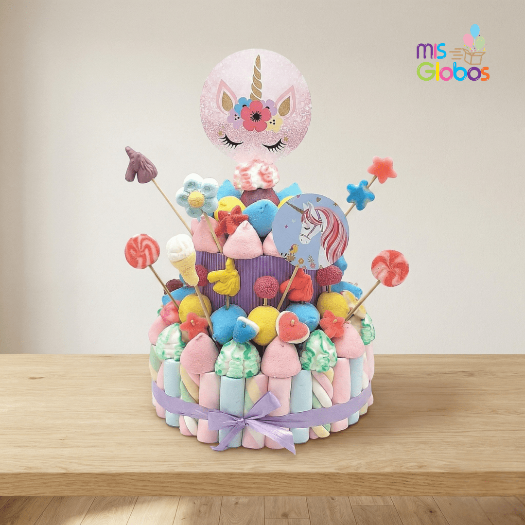 Tarta de chuches Unicornios - Mis Globos