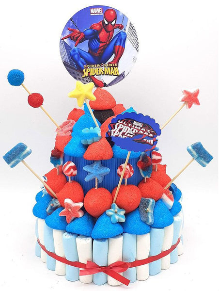 Tarta de chuches spiderman 3 pisos - Dulces Momentos